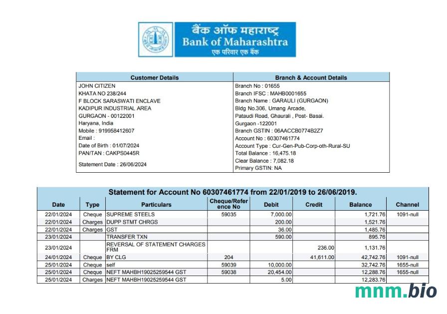 Szablon wyciągu bankowego INDIA BAJAJ FINANCE LIMITED, format Word i PDF